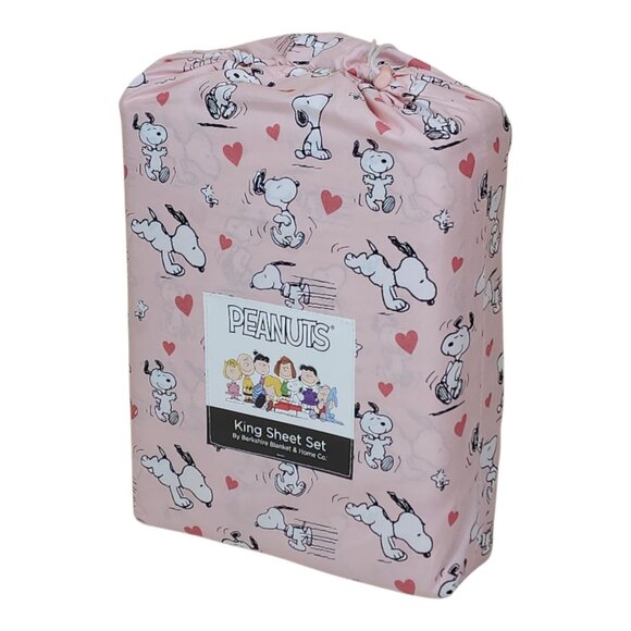 Peanuts Snoopy King Sheet Set By Berkshire Hearts Woodstock Valentines Pink - Picture 2 of 7